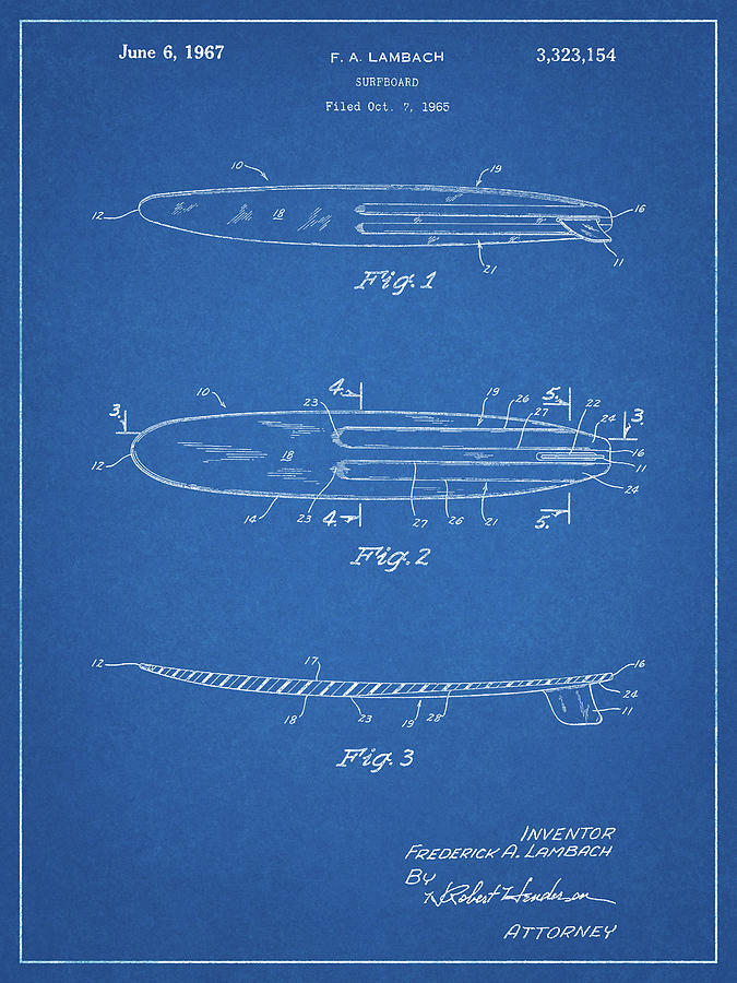 Surfboard Digital Art - Pp1073-blueprint Surfboard 1965 Patent Poster by Cole Borders