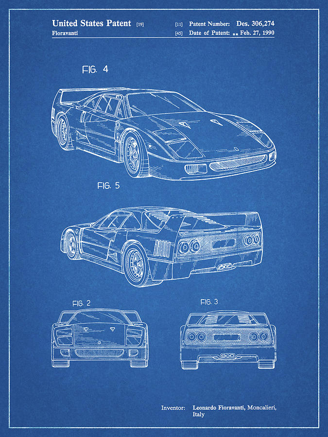 Ferrari Digital Art - Pp108-blueprint Ferrari 1990 F40 Patent Poster by Cole Borders