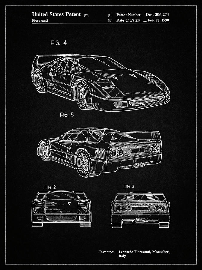 Ferrari Digital Art - Pp108-vintage Black Ferrari 1990 F40 Patent Poster by Cole Borders