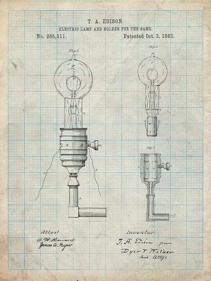 Pp1082-antique Grid Parchment T. A. Edison Light Bulb And Holder Patent ...