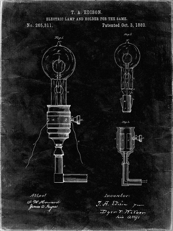 Pp1082-black Grunge T. A. Edison Light Bulb And Holder Patent Art ...