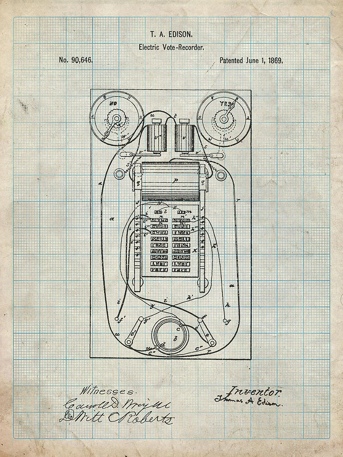 Pp1083-antique Grid Parchment T. A. Edison Vote Recorder Patent Poster ...