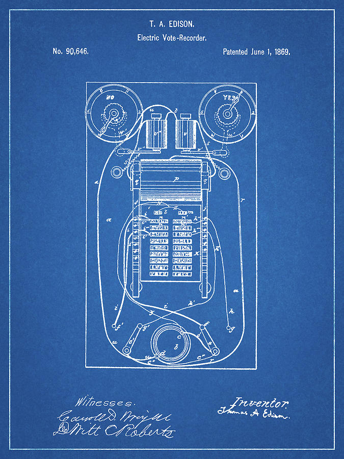 Thomas Edison Digital Art - Pp1083-blueprint T. A. Edison Vote Recorder Patent Poster by Cole Borders