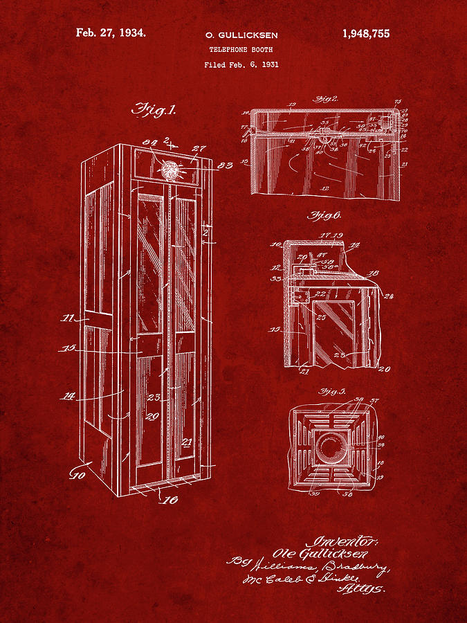 Telephone Booth Digital Art - Pp1088-burgundy Telephone Booth Patent Poster by Cole Borders