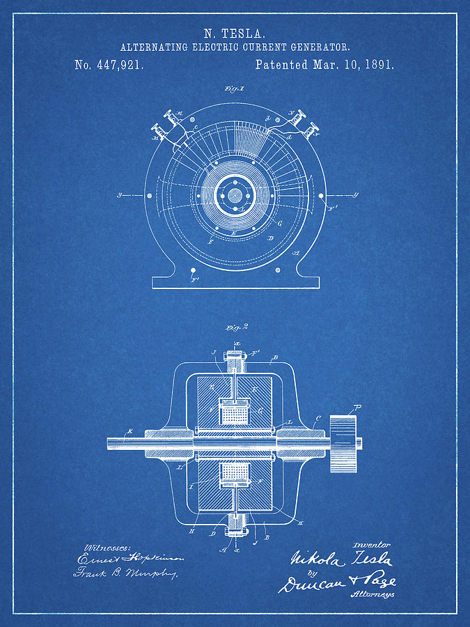 Tesla Patent Digital Art - Pp1090-blueprint Tesla Alternating Current Generator Poster by Cole Borders