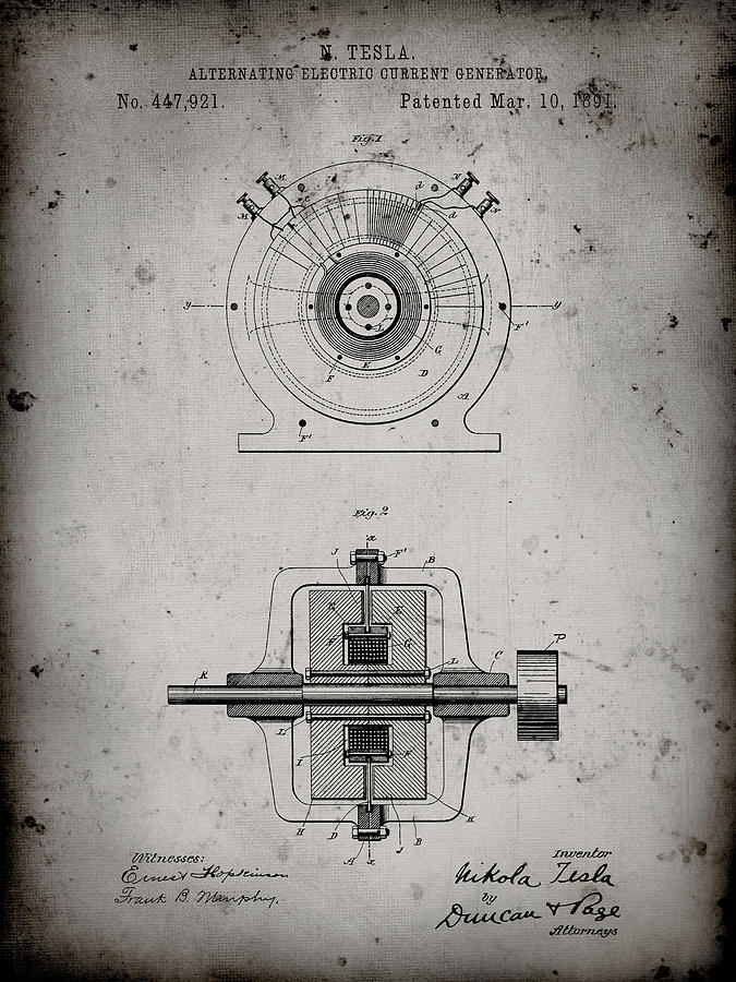 Tesla Patent Digital Art - Pp1090-faded Grey Tesla Alternating Current Generator Poster by Cole Borders