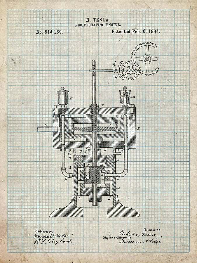 Pp1094-antique Grid Parchment Tesla Reciprocating Engine Poster Digital ...