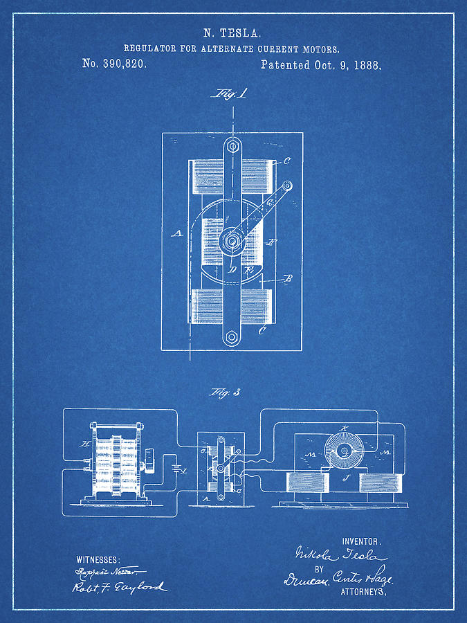Tesla Patent Digital Art - Pp1095-blueprint Tesla Regulator For Alternate Current Motor Patent Poster by Cole Borders