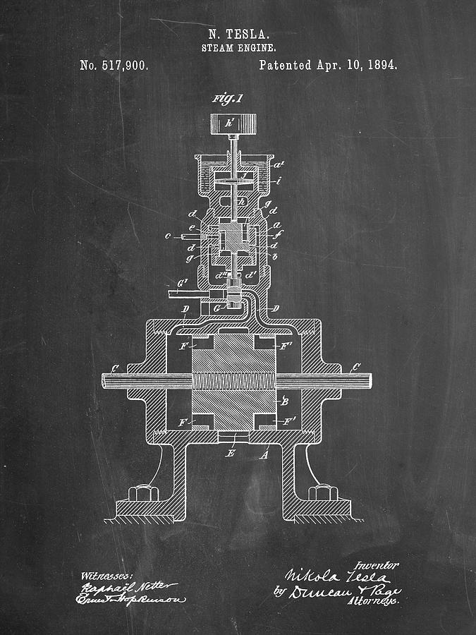 Nikola Tesla Digital Art - Pp1096-chalkboard Tesla Steam Engine Patent Poster by Cole Borders