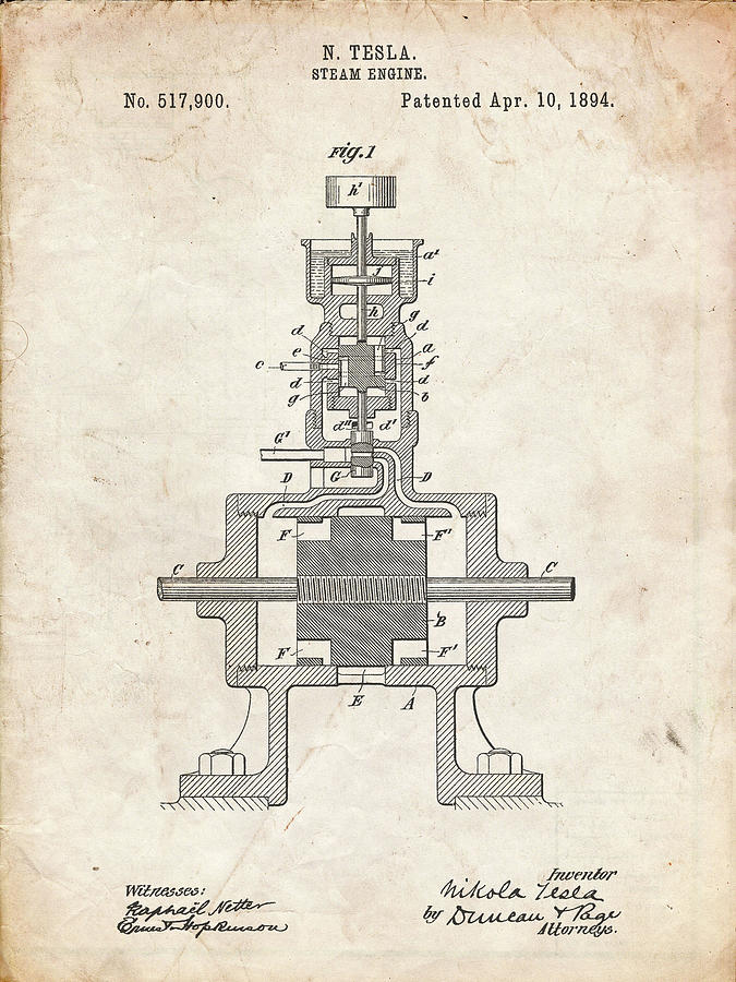 Pp1096-vintage Parchment Tesla Steam Engine Patent Poster Digital Art ...