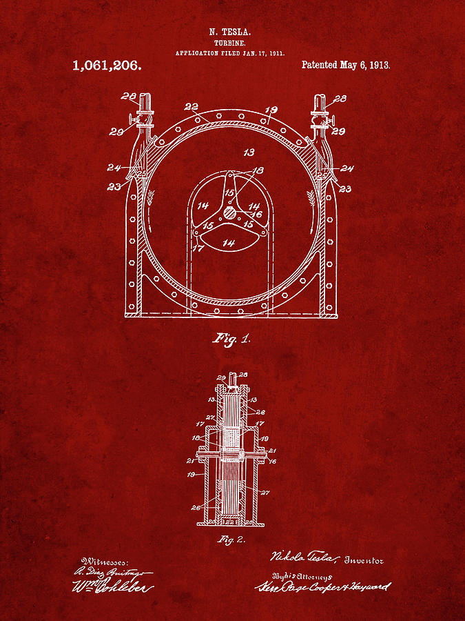 Turbine Digital Art - Pp1097-burgundy Tesla Turbine Patent Poster by Cole Borders