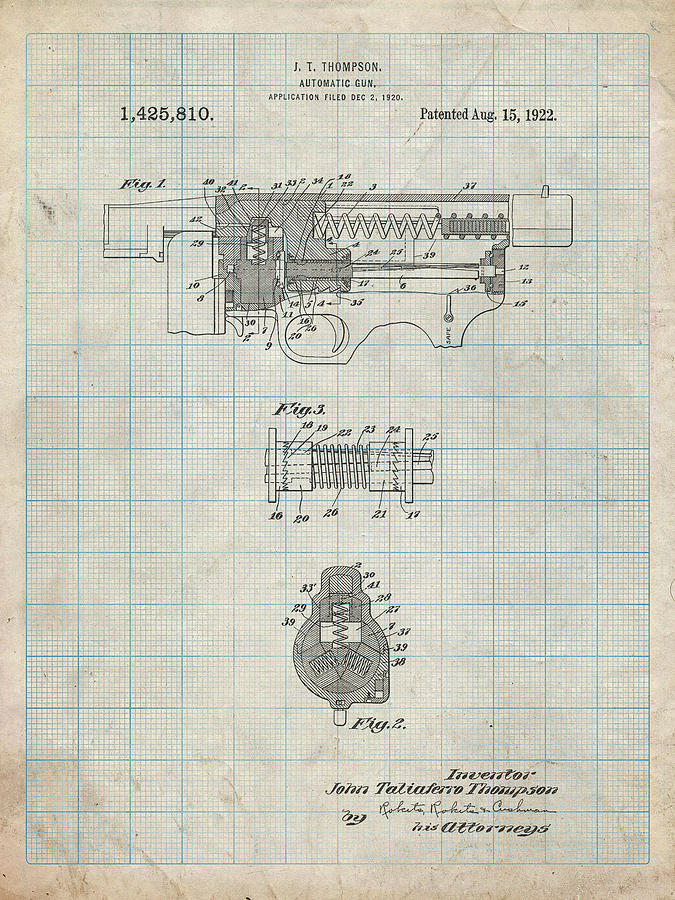 Pp1099-antique Grid Parchment Thompson Submachine Gun Patent Poster ...