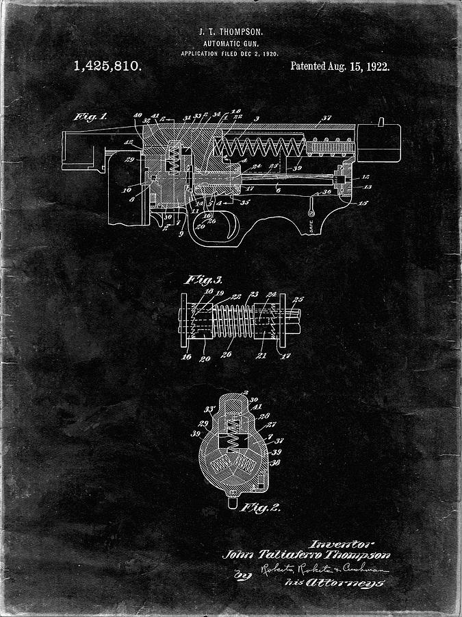 Machine Gun Digital Art - Pp1099-black Grunge Thompson Submachine Gun Patent Poster by Cole Borders