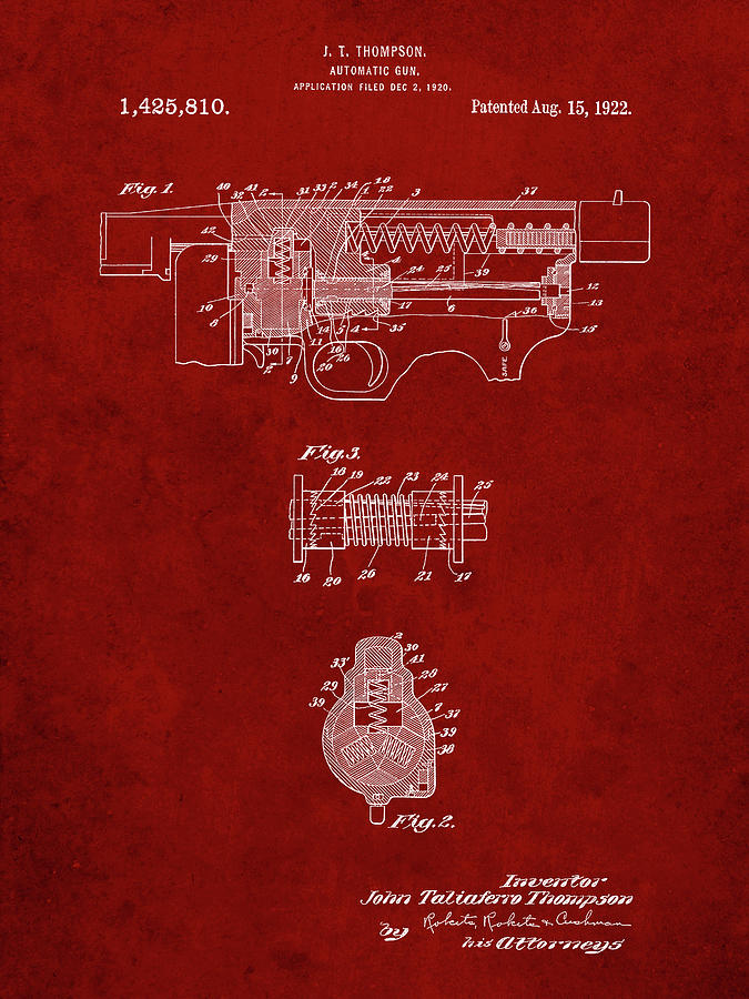 Machine Gun Digital Art - Pp1099-burgundy Thompson Submachine Gun Patent Poster by Cole Borders