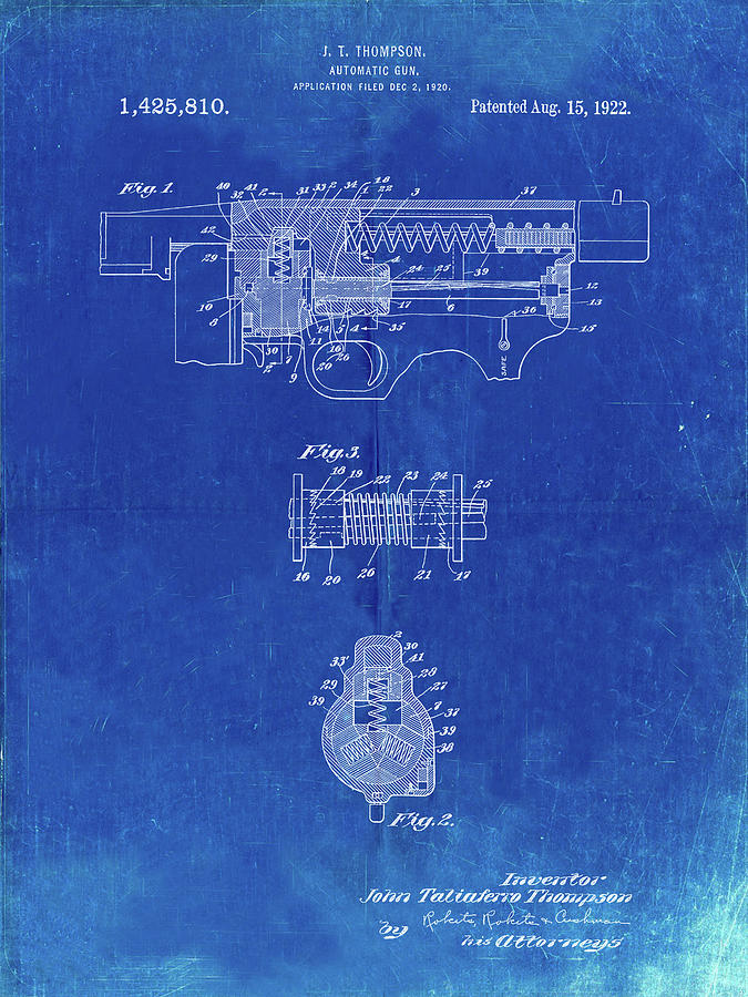 Machine Gun Digital Art - Pp1099-faded Blueprint Thompson Submachine Gun Patent Poster by Cole Borders
