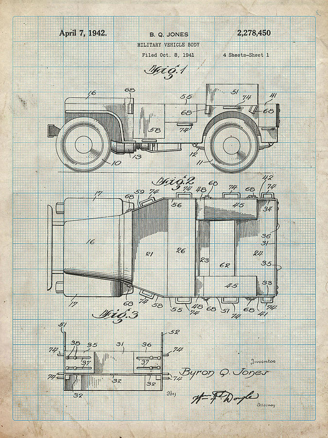 Transportation Digital Art - Pp11-antique Grid Parchment Willys Jeep Patent Poster by Cole Borders