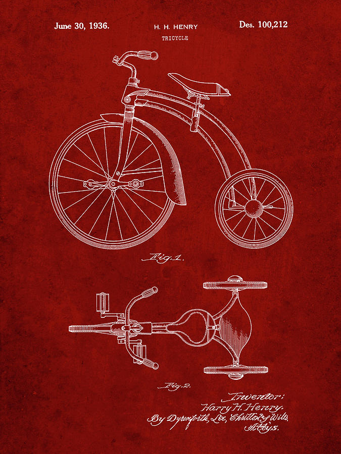 Vintage Digital Art - Pp1114-burgundy Tricycle Patent Poster by Cole Borders
