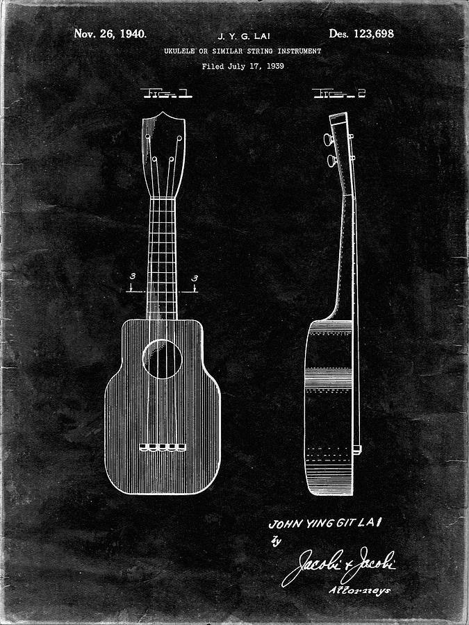 Music Digital Art - Pp1117-black Grunge Ukulele Patent Poster by Cole Borders