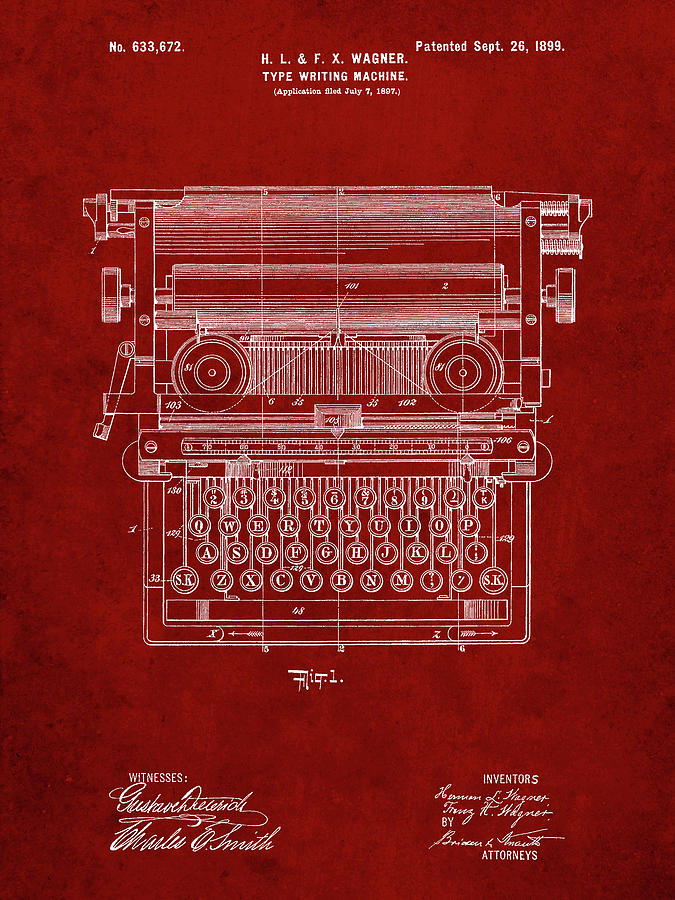Typewriter Digital Art - Pp1118-burgundy Underwood Typewriter Patent Poster by Cole Borders
