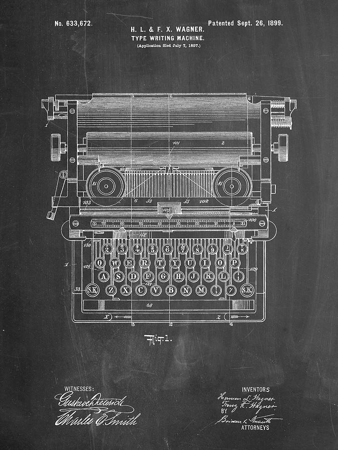 Typewriter Digital Art - Pp1118-chalkboard Underwood Typewriter Patent Poster by Cole Borders