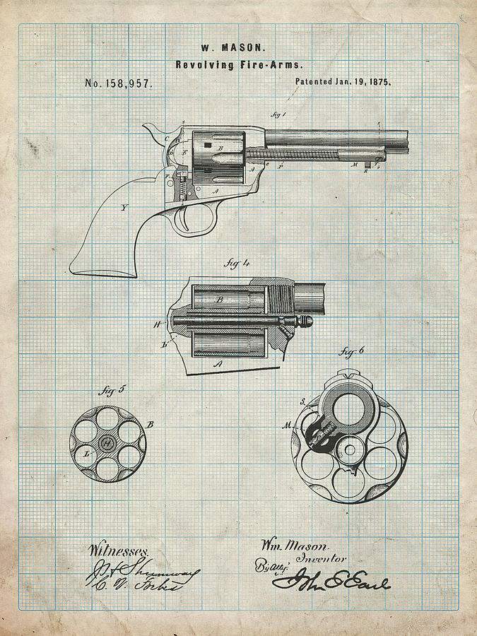 Revolver Digital Art - Pp1119-antique Grid Parchment Us Firearms Single Action Army Revolver Patent Poster by Cole Borders