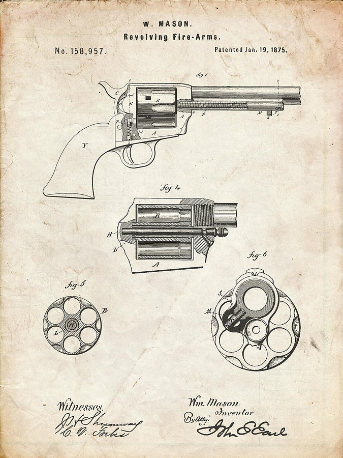 Revolver Digital Art - Pp1119-vintage Parchment Us Firearms Single Action Army Revolver Patent Poster by Cole Borders