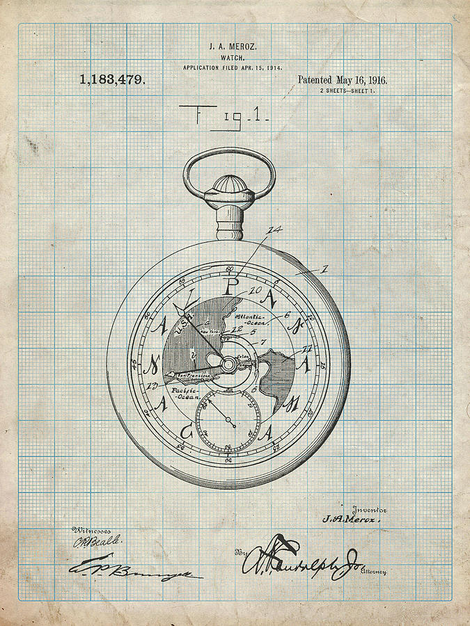 Vintage Digital Art - Pp112-antique Grid Parchment U.s. Watch Co. Pocket Watch Patent Poster by Cole Borders
