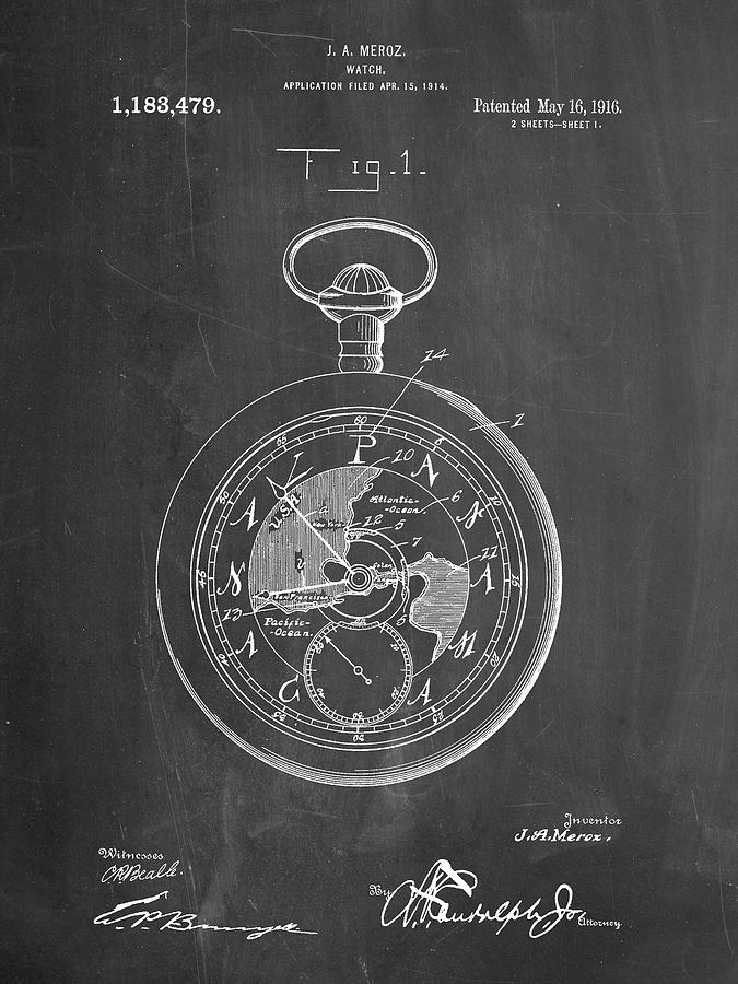 Vintage Digital Art - Pp112-chalkboard U.s. Watch Co. Pocket Watch Patent Poster by Cole Borders