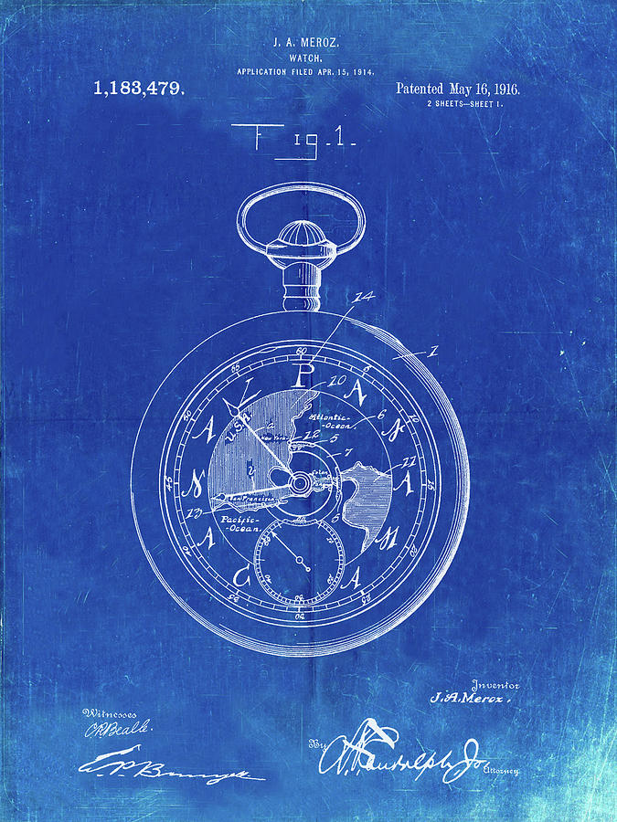 Vintage Digital Art - Pp112-faded Blueprint U.s. Watch Co. Pocket Watch Patent Poster by Cole Borders