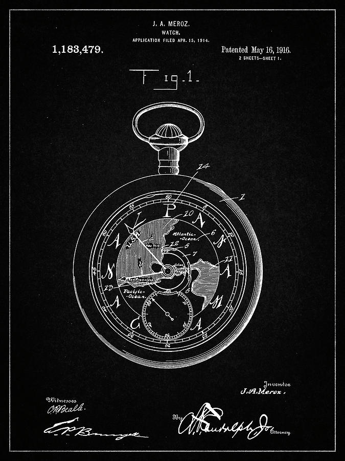 Vintage Digital Art - Pp112-vintage Black U.s. Watch Co. Pocket Watch Patent Poster by Cole Borders