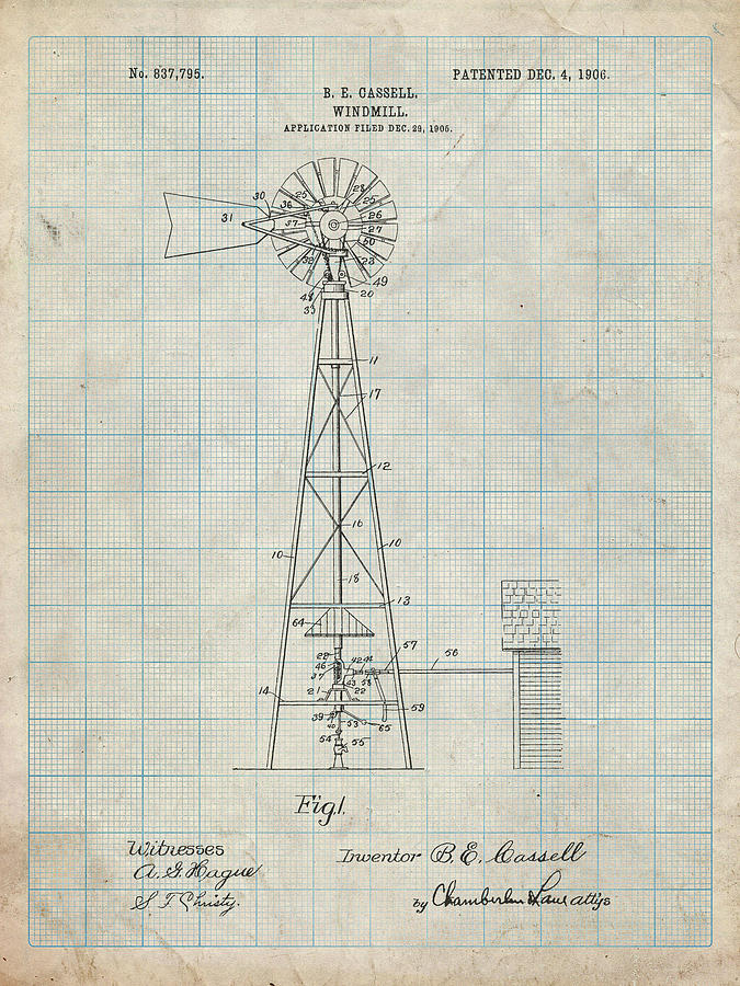 Farm Digital Art - Pp1137-antique Grid Parchment Windmill 1906 Patent Poster by Cole Borders