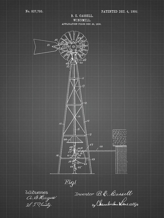 Farm Digital Art - Pp1137-black Grid Windmill 1906 Patent Poster by Cole Borders