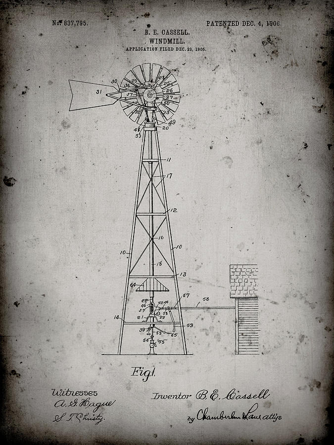 Farm Digital Art - Pp1137-faded Grey Windmill 1906 Patent Poster by Cole Borders