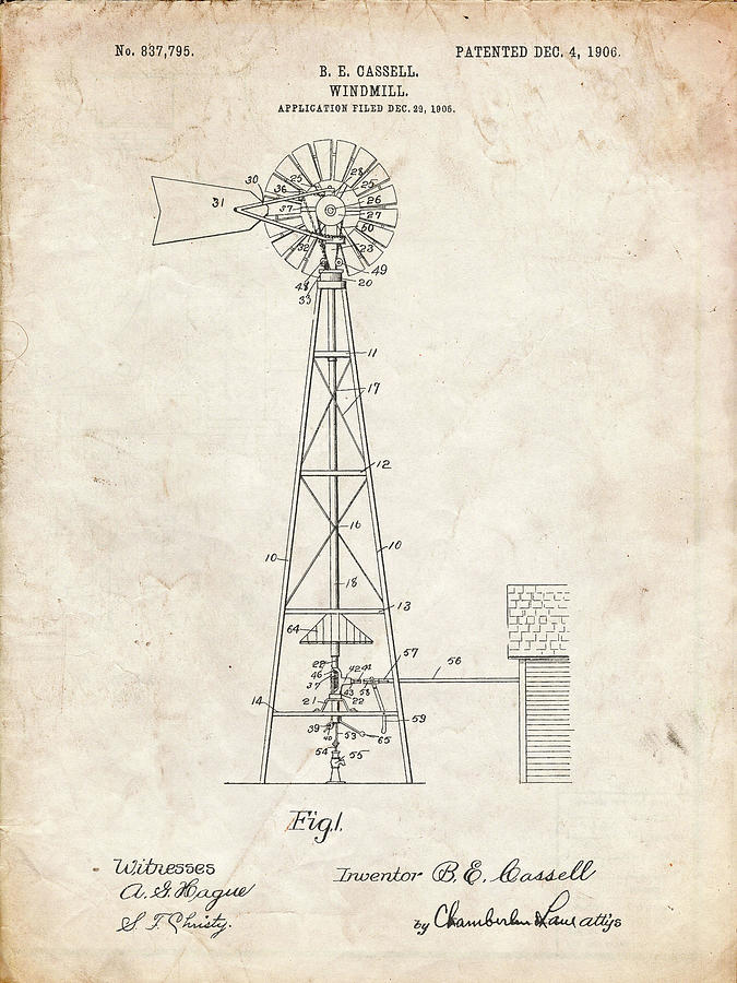 Farm Digital Art - Pp1137-vintage Parchment Windmill 1906 Patent Poster by Cole Borders