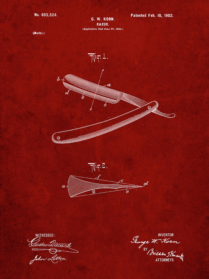 Barber Shop Digital Art - Pp1178-burgundy Straight Razor Patent Poster by Cole Borders