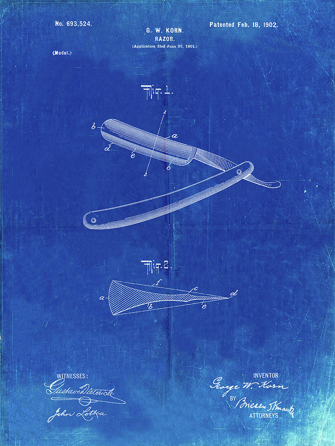 Barber Shop Digital Art - Pp1178-faded Blueprint Straight Razor Patent Poster by Cole Borders