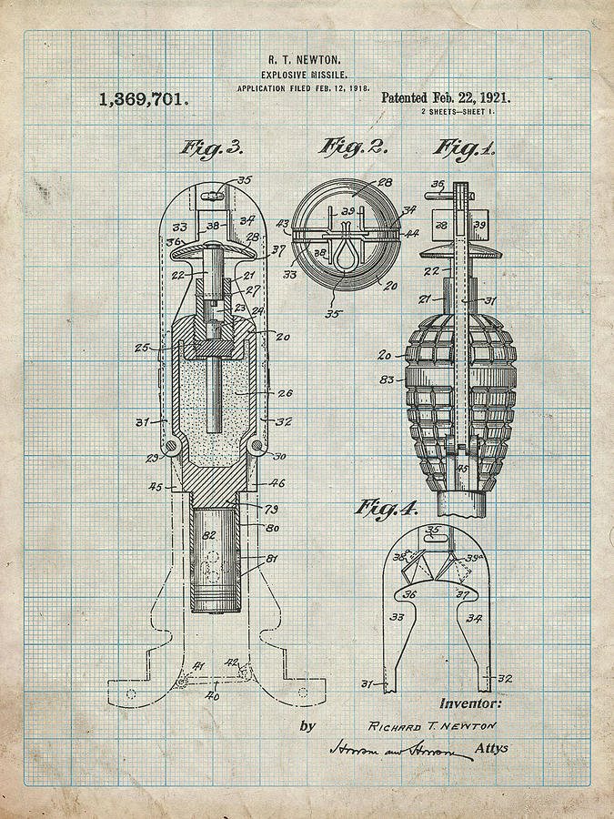 Design Digital Art - Pp12-antique Grid Parchment Explosive Missile Patent Poster by Cole Borders