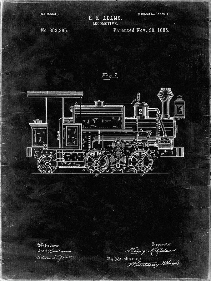 Train Wall Decor Digital Art - Pp122- Black Grunge Steam Locomotive 1886 Patent Poster by Cole Borders