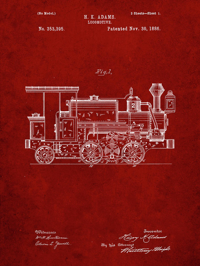 Train Wall Decor Digital Art - Pp122- Burgundy Steam Locomotive 1886 Patent Poster by Cole Borders