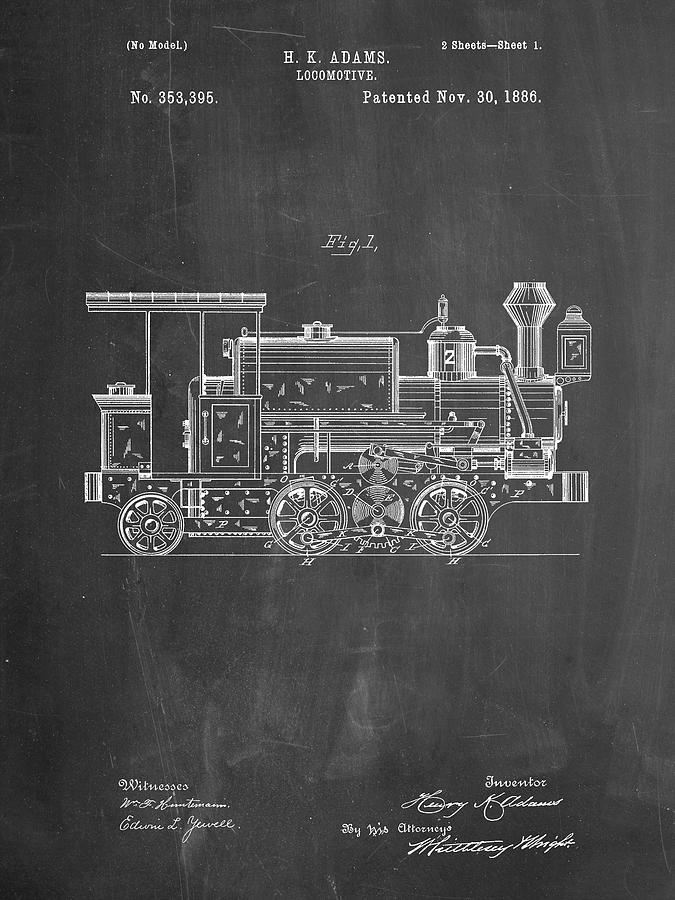 Train Wall Decor Digital Art - Pp122- Chalkboard Steam Locomotive 1886 Patent Poster by Cole Borders