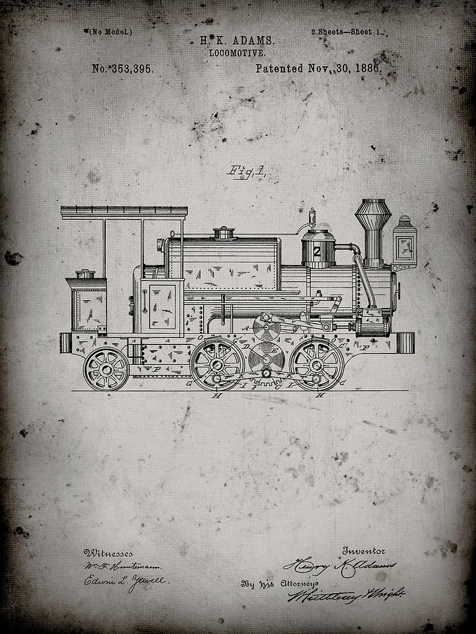 Train Wall Decor Digital Art - Pp122- Faded Grey Steam Locomotive 1886 Patent Poster by Cole Borders