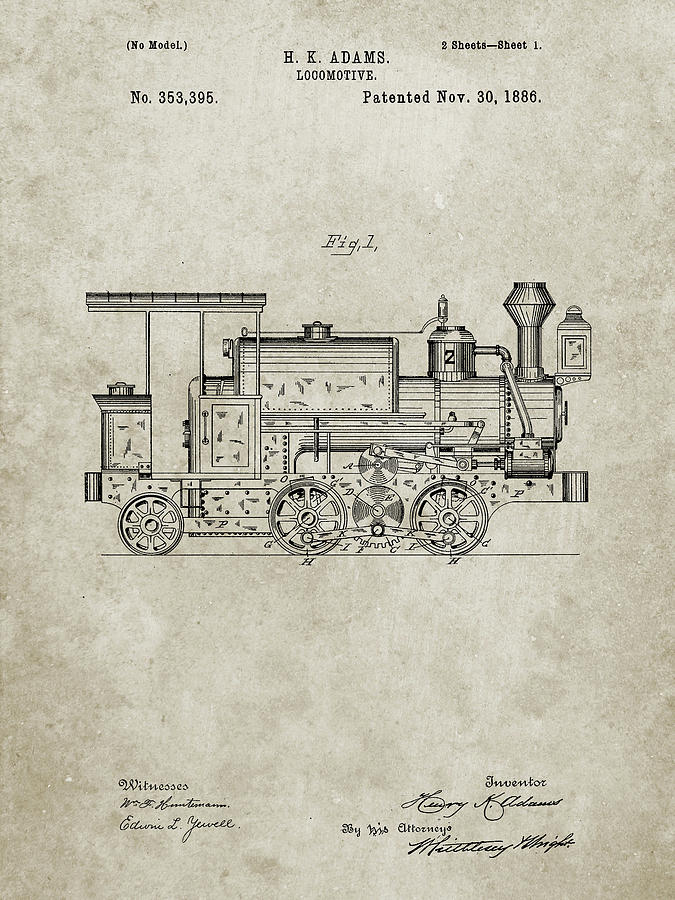 Train Wall Decor Digital Art - Pp122- Sandstone Steam Locomotive 1886 Patent Poster by Cole Borders