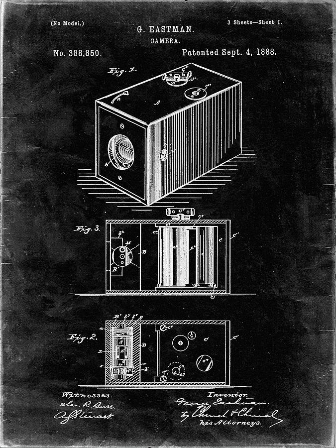 Vintage Camera Photograph - Pp126- Black Grunge Eastman Kodak Camera Patent Poster by Cole Borders