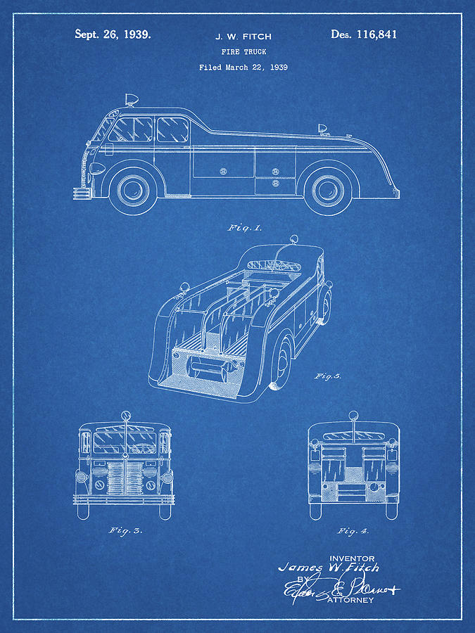 Fire Fighter Decor Digital Art - Pp128- Blueprint Firetruck 1939 Patent Poster by Cole Borders