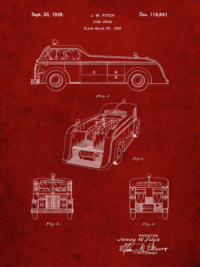 Fire Fighter Decor Digital Art - Pp128- Burgundy Firetruck 1939 Patent Poster by Cole Borders