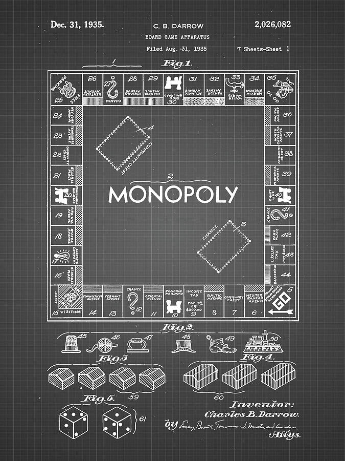 Monopoly Digital Art - Pp131- Black Grid Monopoly Patent Poster by Cole Borders