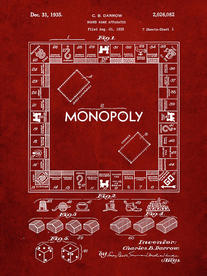 Monopoly Digital Art - Pp131- Burgundy Monopoly Patent Poster by Cole Borders