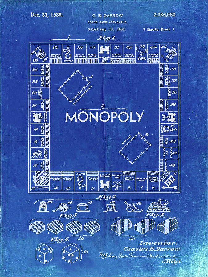 Monopoly Digital Art - Pp131- Faded Blueprint Monopoly Patent Poster by Cole Borders