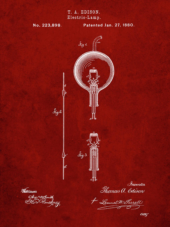 Patent Digital Art - Pp133- Burgundy Thomas Edison Light Bulb Poster by Cole Borders