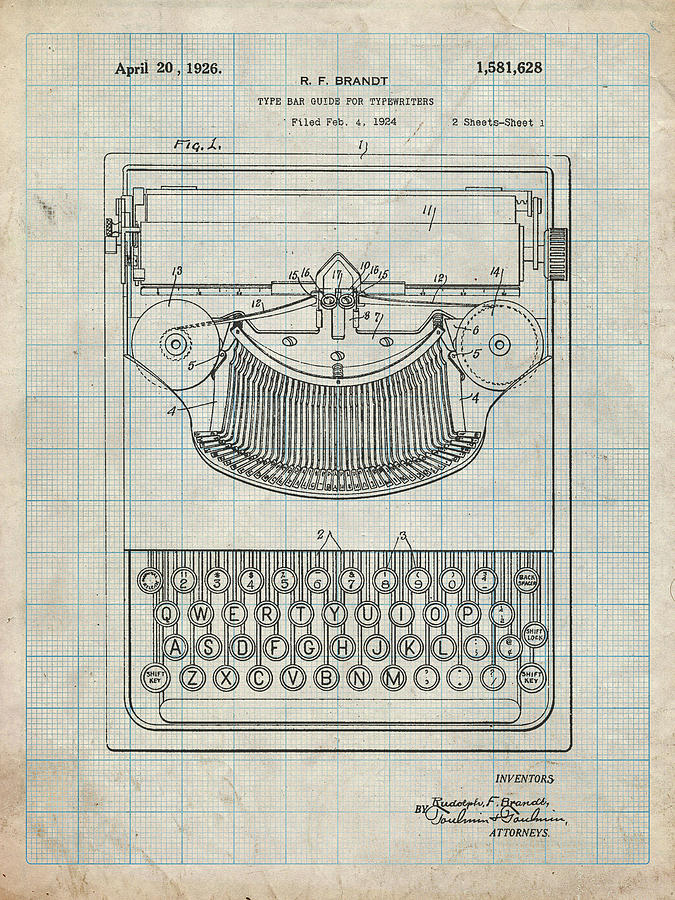 Pp135- Antique Grid Parchment Dayton Portable Typewriter Patent Poster ...